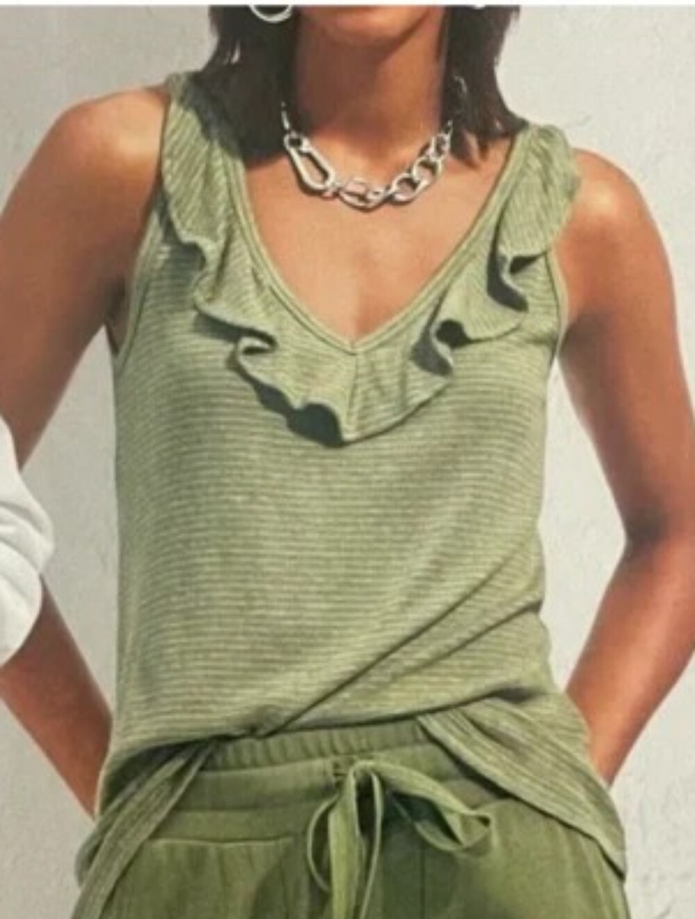 CAbi 6143 Sleeveless Ruffle V-Neck Tank - Sage Green